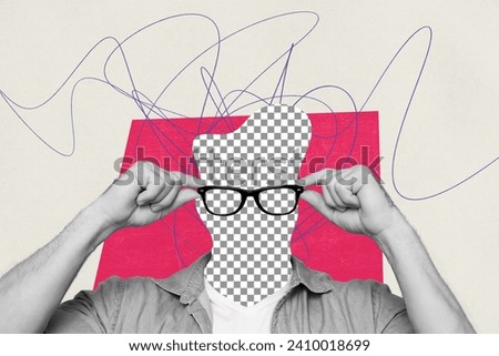 Creative collage picture illustration black white filter caricature headless take off eyewear unknown pink square beige doodle background
