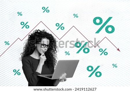 Creative collage picture illustration black white effect charm cheerful thoughtful young lady hold laptop analysis data percent template