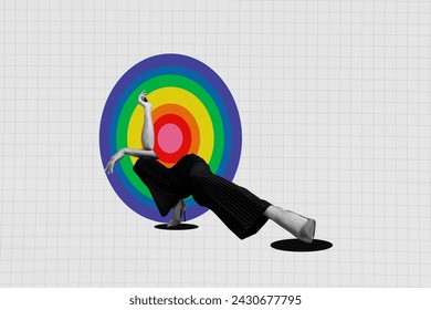 Creative collage picture illustration monochrome effect half body human pose model lgbtq pride month colorful circle empty background - Powered by Shutterstock