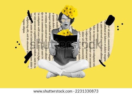 Creative collage picture of impressed black white colors girl reading interesting book flowers head big text page isolated on yellow background