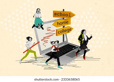 Creative collage picture of mini black white colors kids run jump hold big pencil drawing big netbook screen school home college direction indicator - Powered by Shutterstock