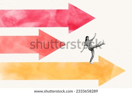 Creative collage picture of mini black white colors girl raise fists accomplishment stand huge arrow pointer indicator isolated on white background