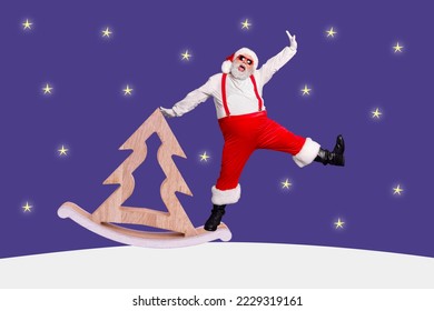 Creative collage picture of overjoyed excited santa grandfather stand evergreen tree shape sledge isolated on night stars background - Powered by Shutterstock