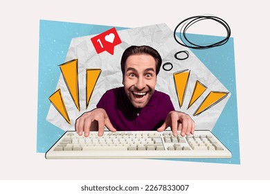 Creative collage picture of positive impressed guy keyboard typing think receive like notification isolated on painted background