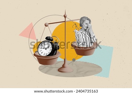 Creative collage picture of scales weighing mini black white colors aged stressed lady big bell ring clock isolated on beige background