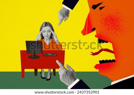 Creative collage picture sitting young lady suffer furious aggressive boss screaming finger point shaming mental harassment