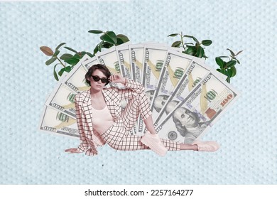 Creative collage picture of successful small girl touch sunglass big dollar usd banknotes plant leaves isolated on painted background