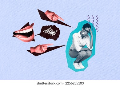 Creative collage picture of talking mouth arm finger point accuse hate unsatisfied upset black white gamma person isolated on painted background - Shutterstock ID 2256235103