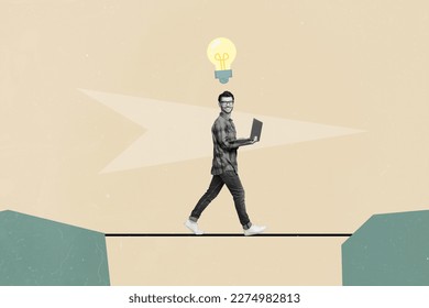Creative collage picture template of positive clever guy solving task use netbook project startup isolated on painted background