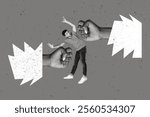 Creative collage picture of two black white arms fists punch hit mini guy isolated on drawing background