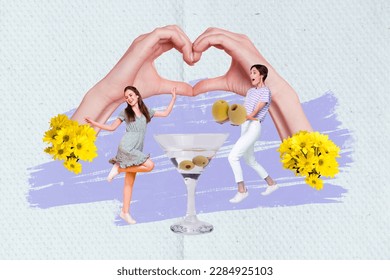 Creative collage picture of two excited mini girls dancing hold olives big martini cocktail glass hands demonstrate heart symbol fresh flowers