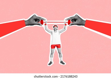 Creative collage picture of two huge hands help sportive positive guy lift barbell black white effect isolated on pink background