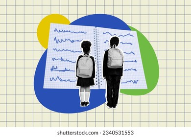 Creative collage picture of two mini black white colors kids carry rucksack huge opened copybook isolated on checkered paper background - Powered by Shutterstock