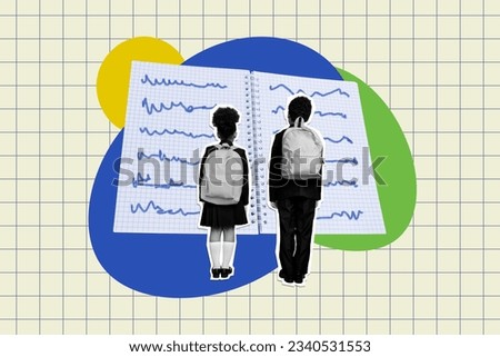 Creative collage picture of two mini black white colors kids carry rucksack huge opened copybook isolated on checkered paper background