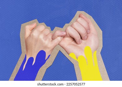 Creative collage picture of two people arms hold pinky fingers ukrainian flag colors isolated on blue background - Powered by Shutterstock