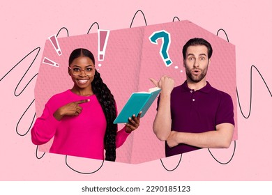 Creative collage picture of two people hold read book point finger exclamation question mark isolated on pink background