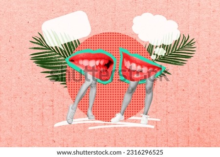 Creative collage picture of two talking mouth bite lips slender black white colors girl legs dialogue bubble isolated on carton paper background
