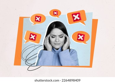 Creative collage picture of unsatisfied black white effect girl hands touch temple headache receive bunch message sms notification - Powered by Shutterstock