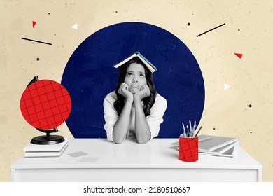 Creative collage picture of unsatisfied girl black white colors book head hands touch cheeks isolated on painted background