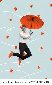 Creative Collage Picture Of Vintage Dressed Man Travel On Parasol Windy September Weather Isolated Grey Color Background