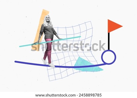 Creative collage picture walking mature woman reach ropewalker destination flag achieve goal aim checkered background challenge