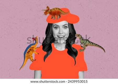 Creative collage picture young beautiful lady painted outfit stylish hat jurrassic park dinosaur ancient wildlife drwaing background