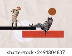 Creative collage picture young buisnesswoman lying office armchair boss man agriculture worker rake harvest cultivation