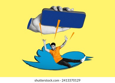 Creative collage picture young falling guy twitter bird smartphone screen display social media communication messenger app