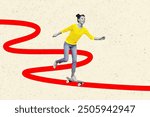 Creative collage picture young girl ride skateboard hobby skatepark professional weekend holiday leisure path way drawing background