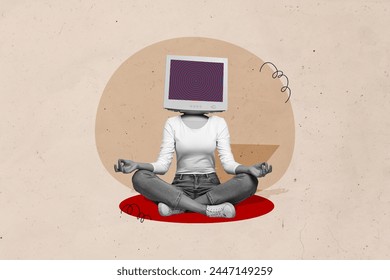 Creative collage picture young headless woman meditating computer monitor face hypnosis brainwashing zombie drawing background