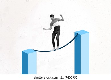 Creative collage picture of young man rope walking keep balance stability isolated on white background