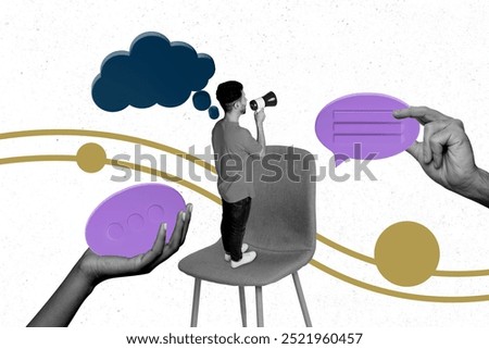 Creative collage picture young man standing chair announce proclaim textbox message answer reply sms bubble clouds bullhorn loudspeaker