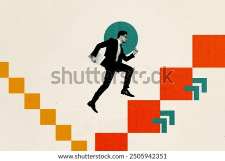 Creative collage picture young persistent man leader climb up upstairs laptop agent digital device career promotion drawing background