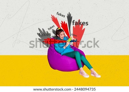 Creative collage picture young sitting girl excited amazed smartphone news internet falsification brainwashing lie opinion control