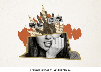 Creative collage picture young woman bite nails nervous stressed emotion text literature page novel story exam pass worried student