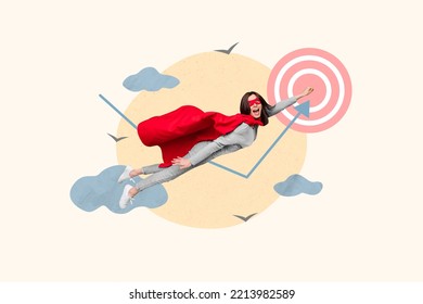 Creative collage portrait of excited positive super girl raise fist flying target growing arrow upwards isolated on clouds sky background