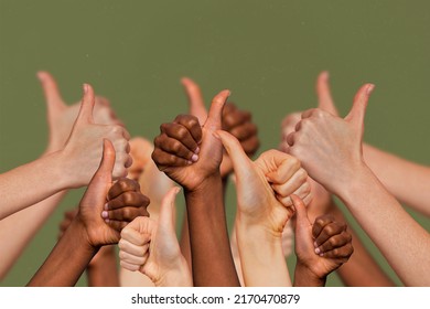 Creative collage portrait of group different people arm finger demonstrate thumb up