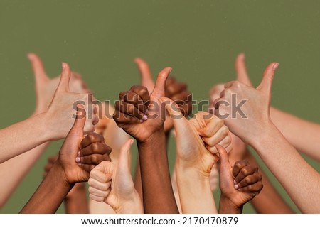 Creative collage portrait of group different people arm finger demonstrate thumb up