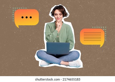 Creative Collage Portrait Of Minded Positive Person Think Use Netbook Chatting People Isolated On Drawing Background
