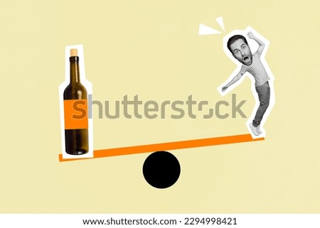 Creative collage portrait of seesaw scales wine bottle mini black white effect impressed guy isolated on beige background