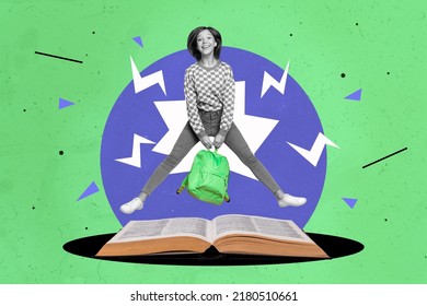 Creative Collage Portrait Of Small Girl Black White Gamma Jump Hold Bag Rucksack Big Opened Book Isolated On Drawing Background