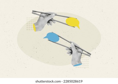 Creative collage portrait of two black white gamma arms fingers hold chopsticks blue yellow dialogue bubble ukraine - Powered by Shutterstock