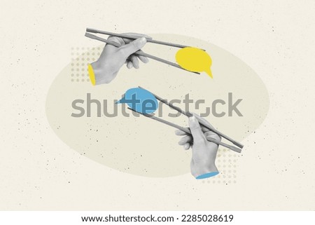Creative collage portrait of two black white gamma arms fingers hold chopsticks blue yellow dialogue bubble ukraine