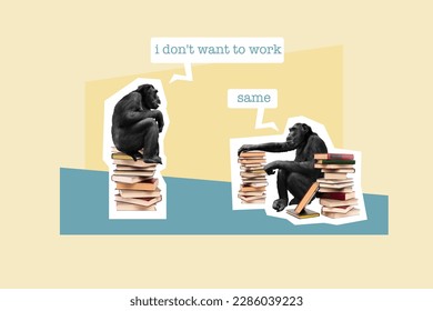 Creative collage portrait of two monkeys sit pile stack book chatting dont want work isolated on beige background