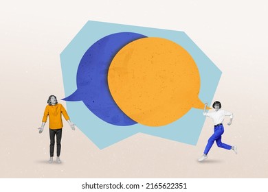 Creative collage portrait of two people black white gamma huge dialogue bubble communication - Powered by Shutterstock