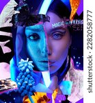 Creative collage portrait of women in blue glitters and with neon light. Casual detailed composition                                