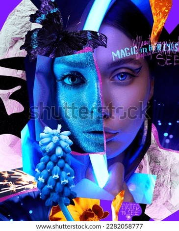 Creative collage portrait of women in blue glitters and with neon light. Casual detailed composition                                