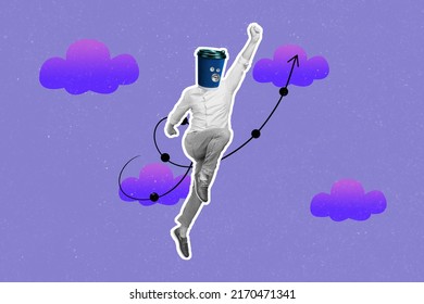 Creative collage poster of positive superman guy wear takeout mug fly up reach top isolated night sky color background - Shutterstock ID 2170471341