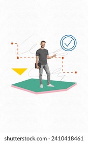 Creative collage poster vertical image young freelancer businessman standing satisfied positive results successful strategy income
