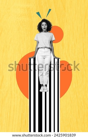 Creative collage poster young scared girl shocked fear frightened emotion stressed speechless staring drawing background